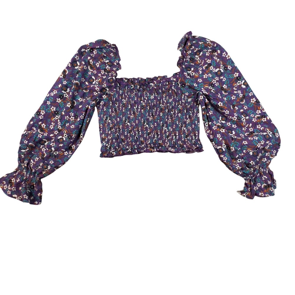 Band of‎ the Free Agathe Smocked Crop Top Purple Ivory Floral Long Sleeve Small